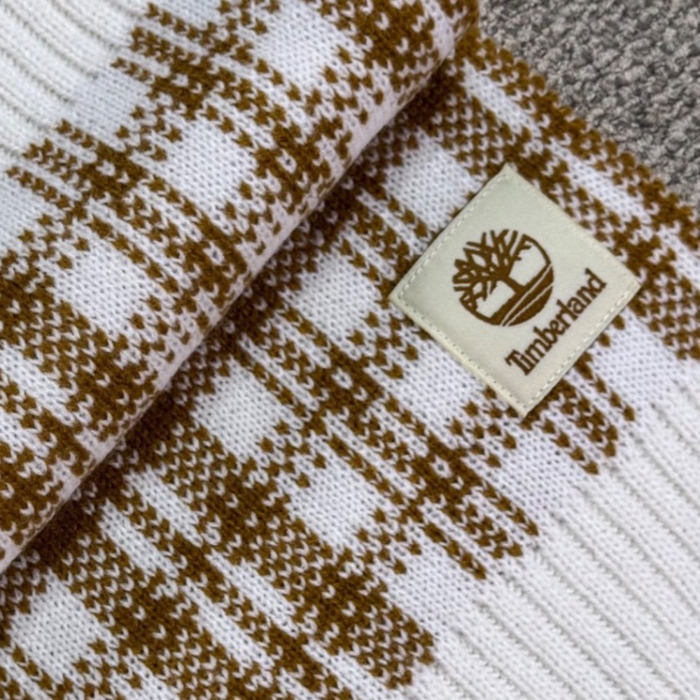 Timberland‎ Plaid Knit Scarf Brown Cream 10x64 Cozy Winter Cold Weather NWT